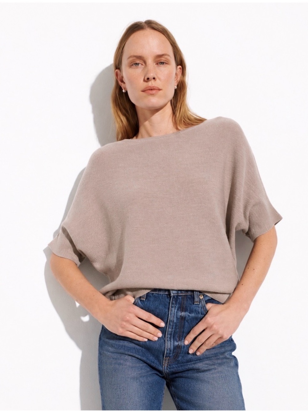 100% wool R/Label Short-Sleeve Sweater in Taupe, travel, lounge. XS (Small)